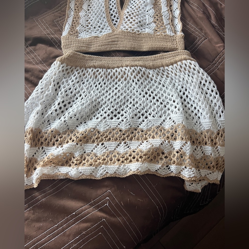 New Crochet Two Piece Set White Tan top skirt Boho beach vacation festival Med - Picture 7 of 8